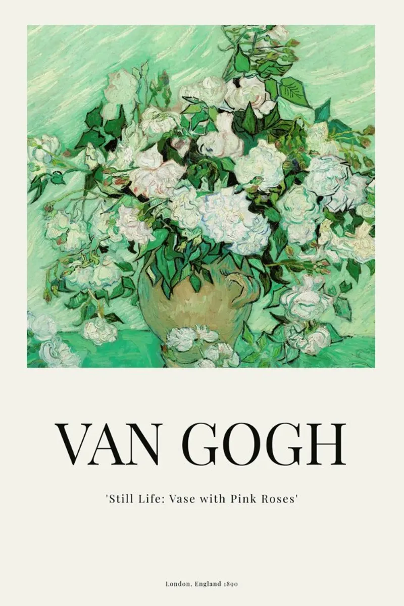 van Gogh - Still Life: Vase with Pink Roses poster con telaio in plastica da ARTOTHEK