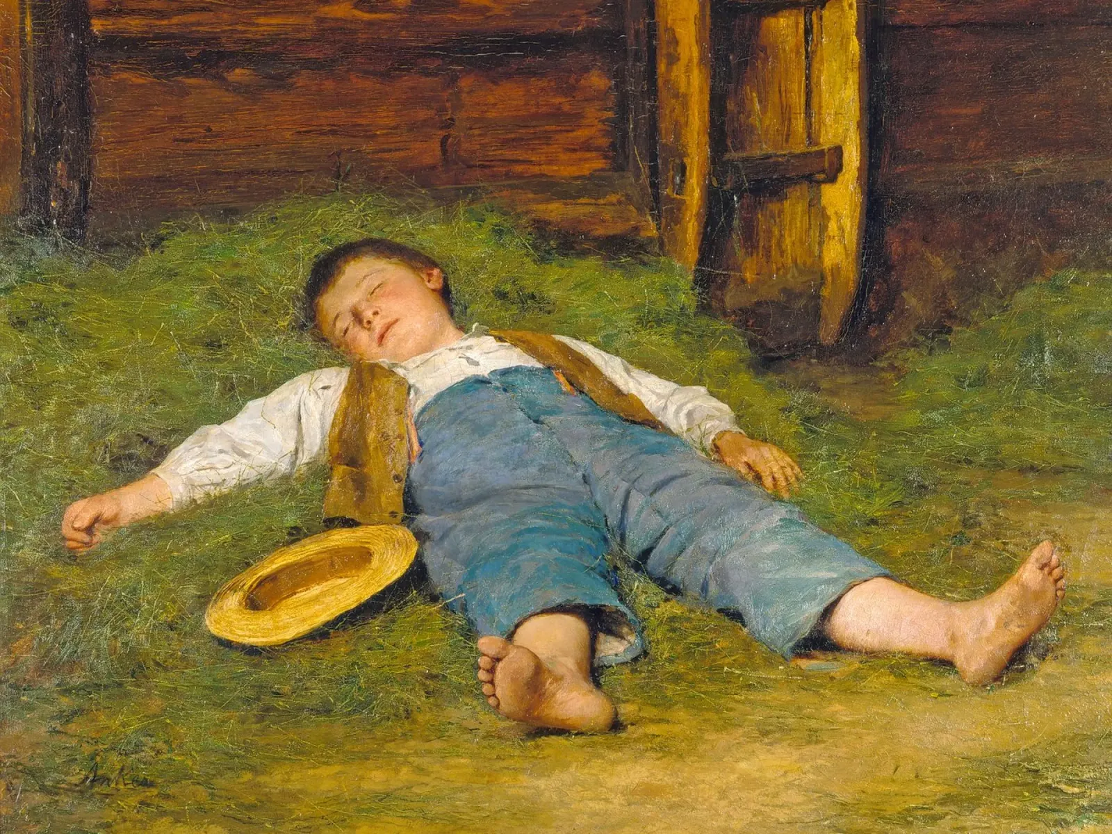 Albert Anker - Sleeping boy in the hay canvas with Floater frame by ARTOTHEK