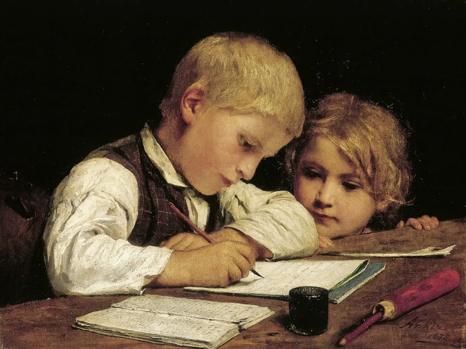 Albert Anker - Un ragazzo che scrive pellicola backlit da ARTOTHEK