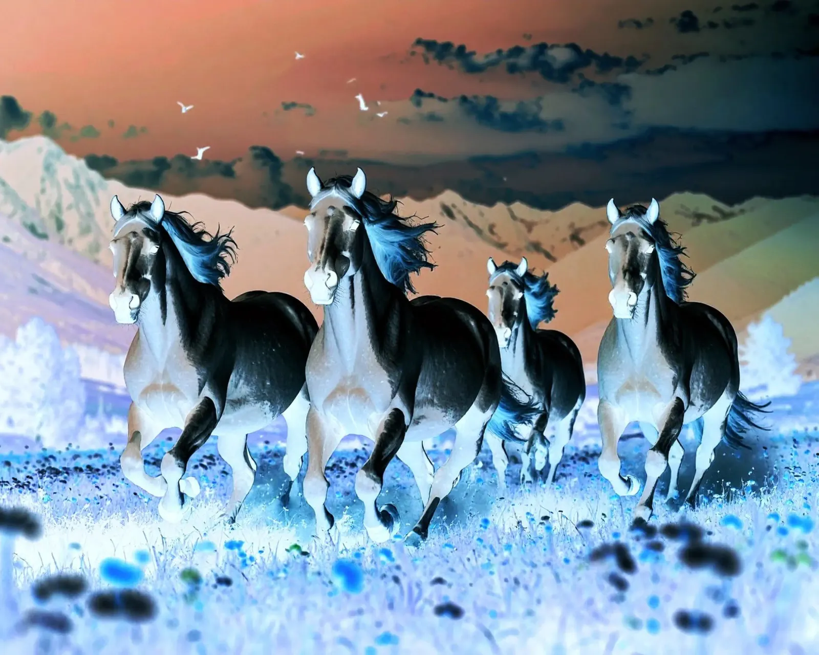 Quatre chevaux qui galopent. Nocturne hahnemühle de Thierry vobmann photography