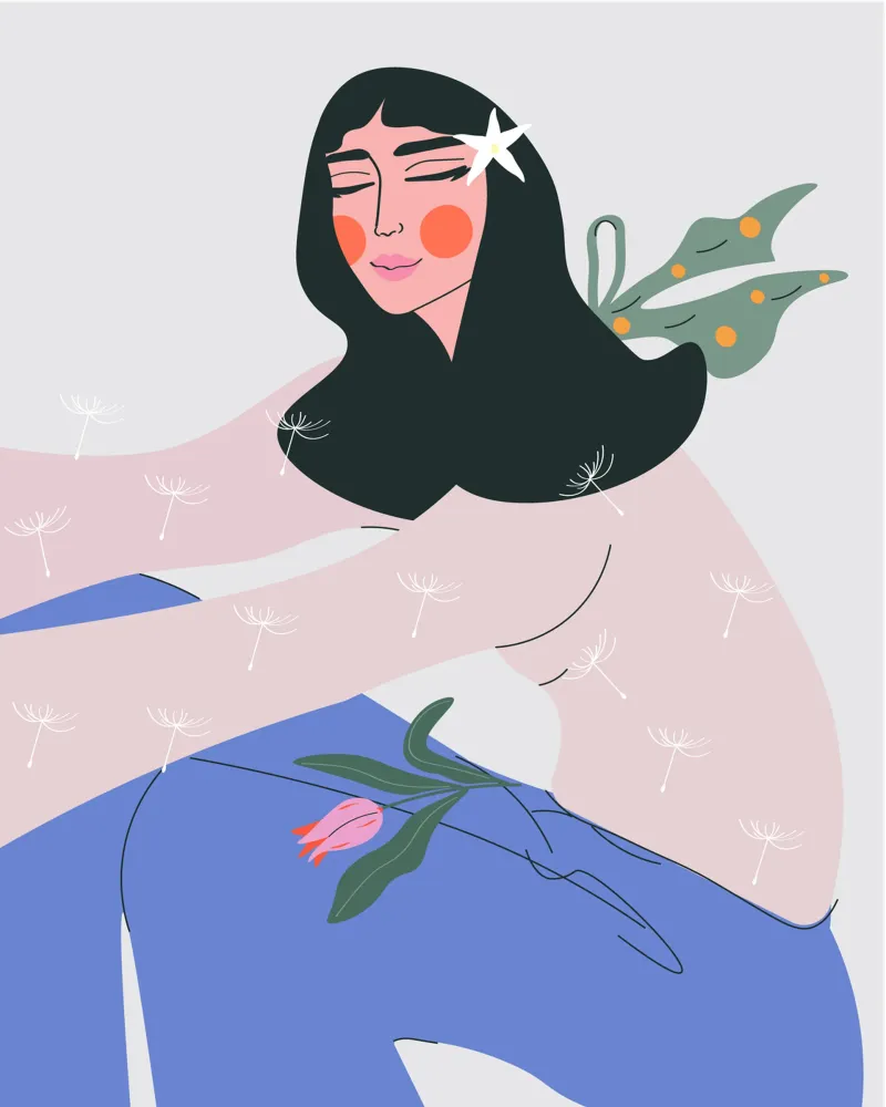 Donna che si gode il momento presente - Arte murale femminile moderna poster con telaio in legno da Silvie Illustration