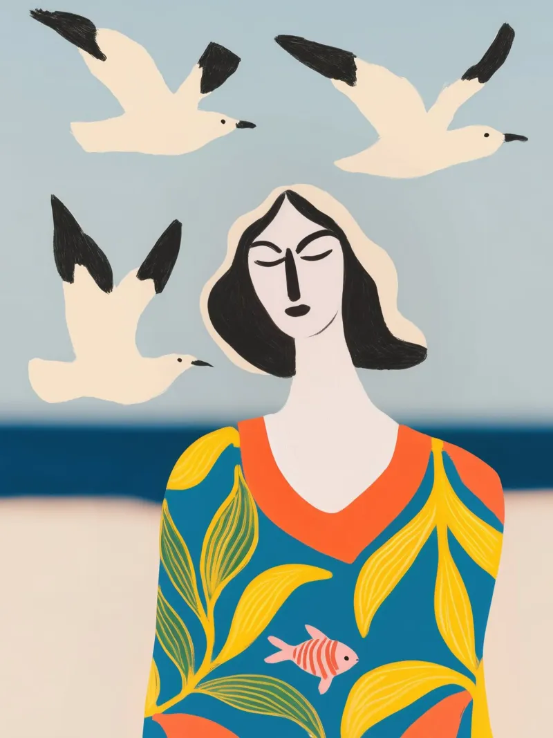 Tres gaviotas, una mujer y un pez | Pintura marítima poster de Autofocus