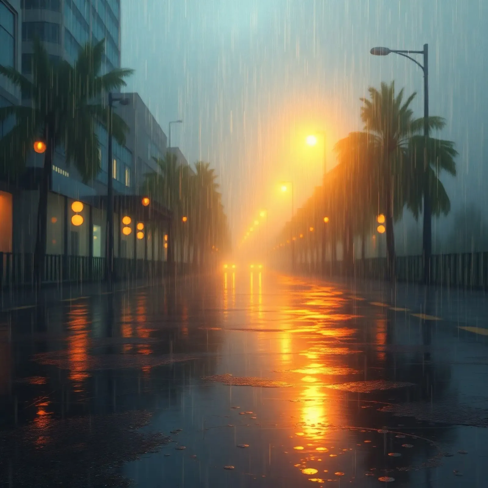 Strada piovosa illuminata da luci calde in una città tropicale pellicola backlit da DesignDoodle