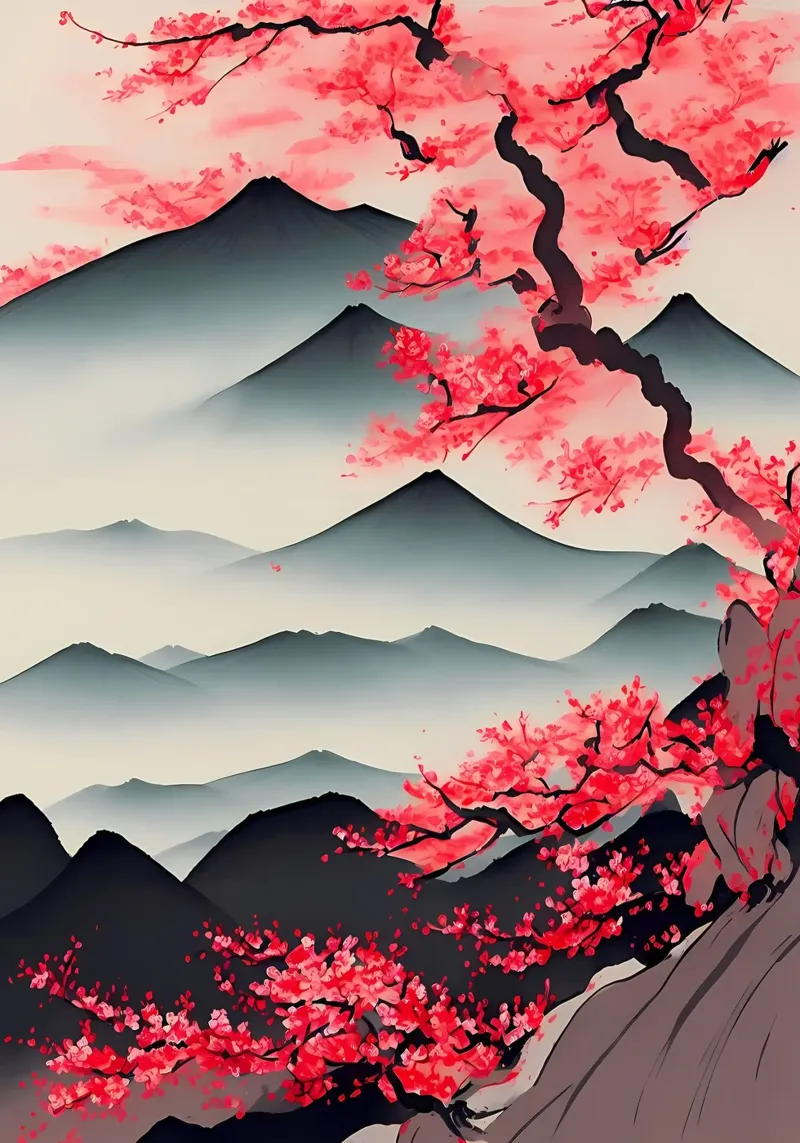 montagne ciliegio in fiore sakura albero paesaggio alluminio dibond da Janine P McGuire