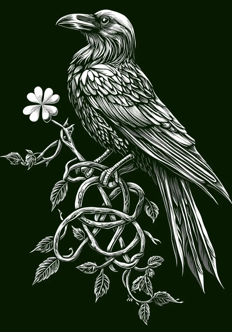 Raven with shamrock on a dark branch canvas by pixelbull - medieval art and more