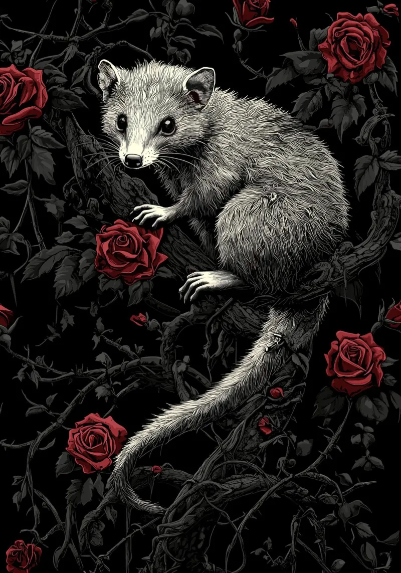 Opossum in un cespuglio di spine e rose plexiglass da pixelbull - medieval art and more