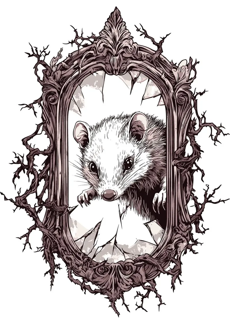 Un opossum brise le cadre d'un miroir hahnemühle de pixelbull - medieval art and more