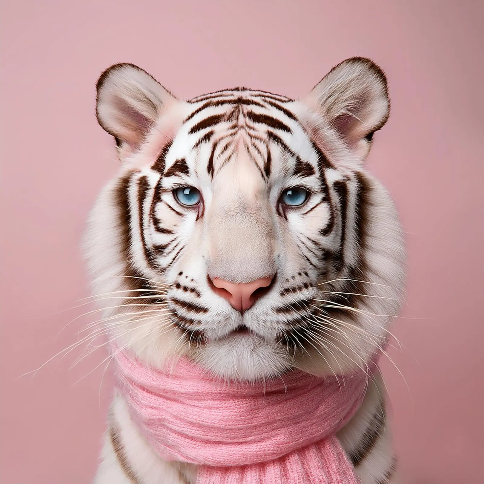 Elegante tigre bianca con sciarpa rosa - Ritratto di animale moderno poster con telaio in alluminio da FlexiDesignsByK