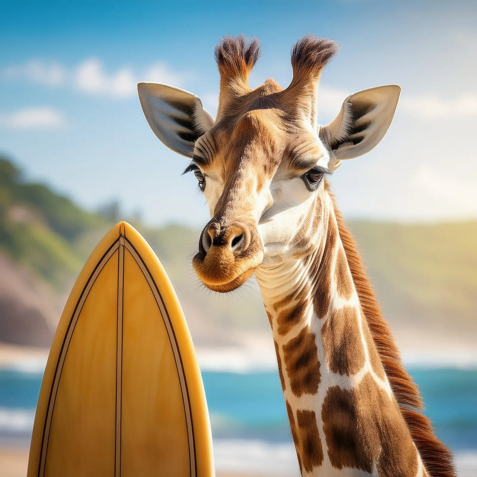Surfer Giraffe by the Coast – Quirky Beach Art Print canvas with Floater frame by FlexiDesignsByK