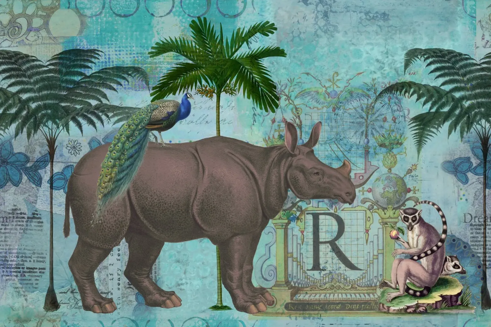 Collage di rinoceronti e scimmie poster con telaio in alluminio da Andrea Haase Vintage World
