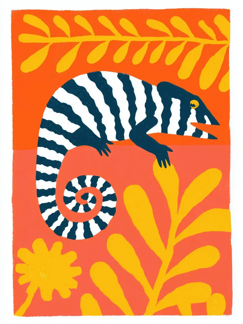 Chameleon with zebra stripes | screen print style canvas with Floater frame by Autofocus