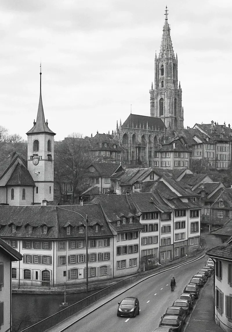 Berna, fotografia panoramica della città svizzera in bianco e nero tela con Cornice a cassetta da the gondels