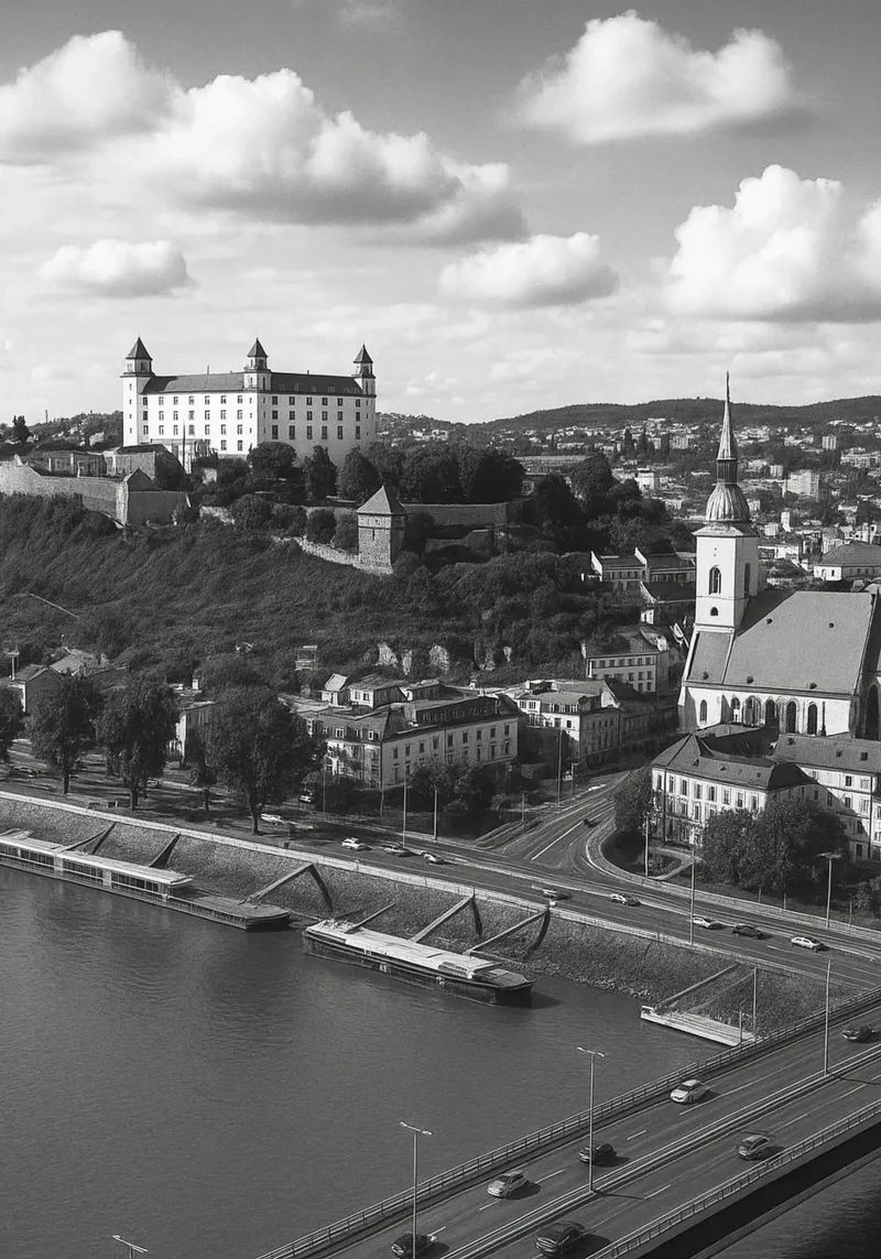 Bratislava, Slovacchia Panorama della città in bianco e nero Fotogramma poster con telaio in legno da the gondels
