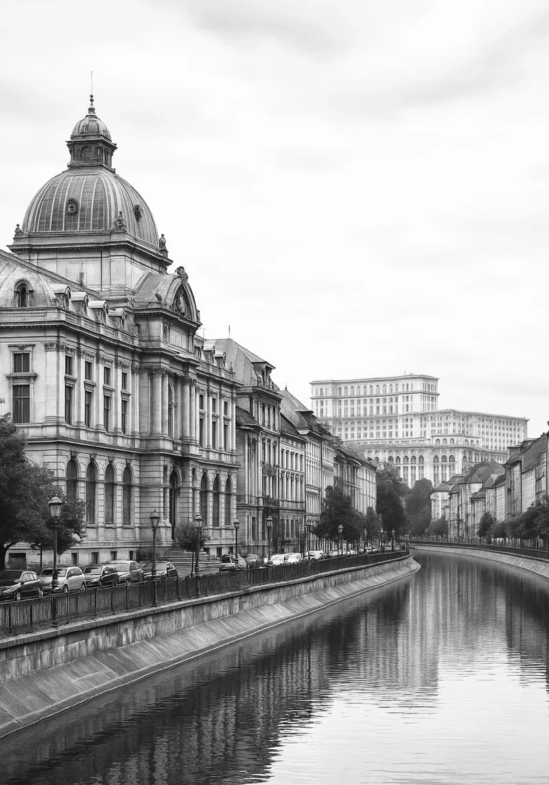 Bucarest, Romania Fotografia panoramica della città in bianco e nero tela con Cornice a cassetta da the gondels
