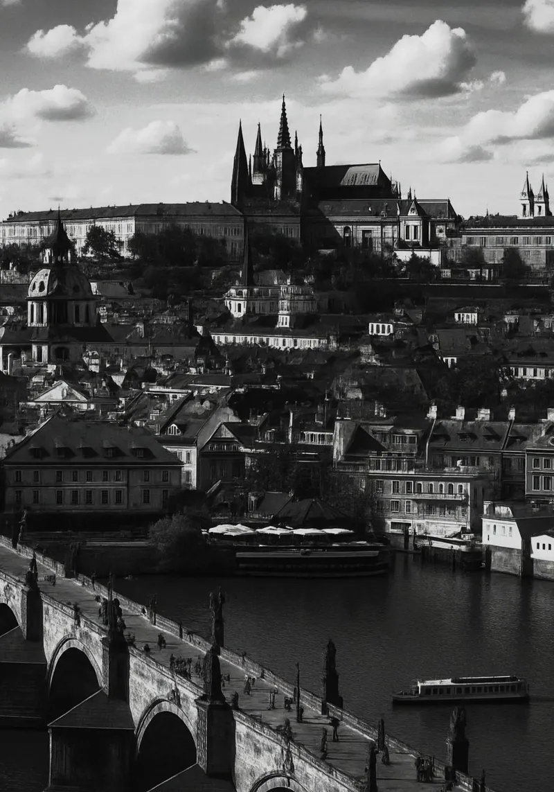 Praga, Repubblica Ceca Panorama della città in bianco e nero Photogr carta hahnemühle da the gondels