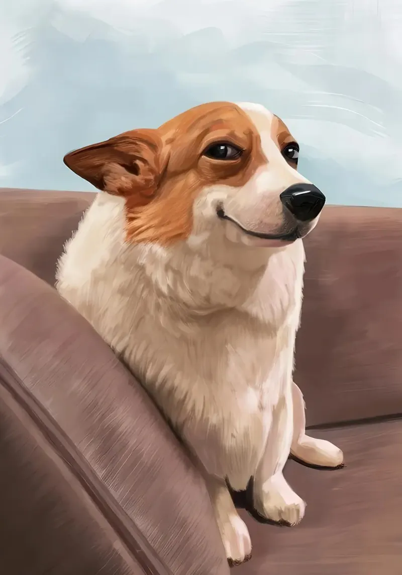 Meme del Corgi sorridente sul divano pellicola backlit da James Isaac Jackson