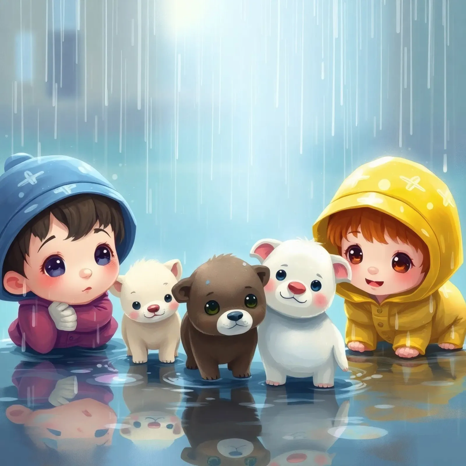 Bambini che giocano con i cuccioli sotto la pioggia pellicola backlit da DesignDoodle