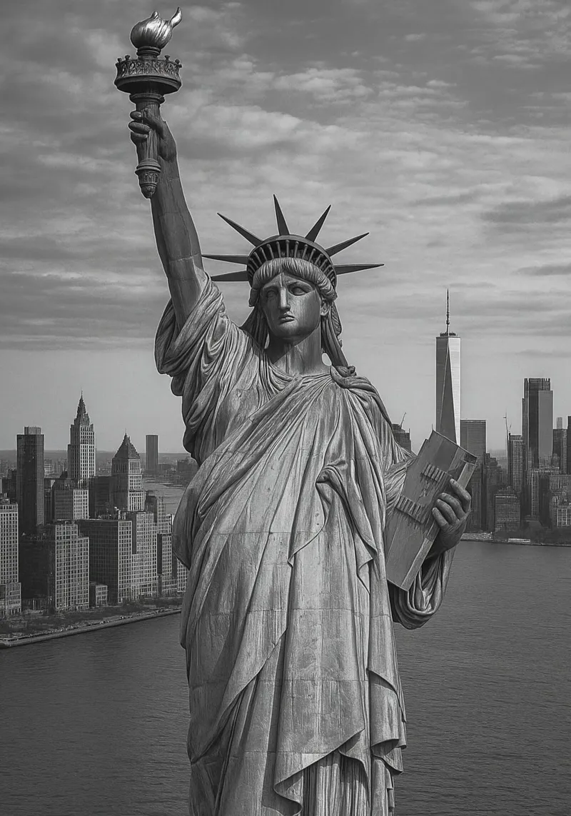 Statua della Libertà, New York, USA Panora della città in bianco e nero pellicola backlit da the gondels