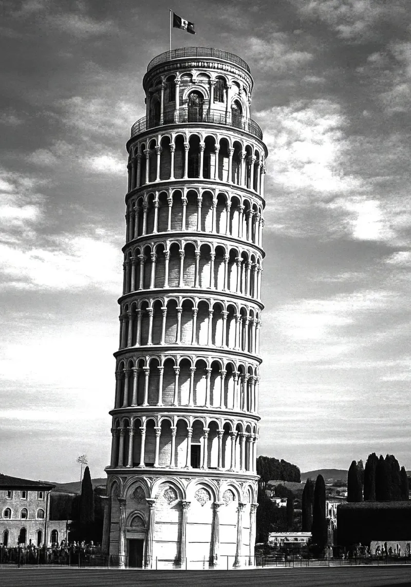 Torre di Pisa, Roma, Italia Panorama della città in bianco e nero Pho carta hahnemühle da the gondels