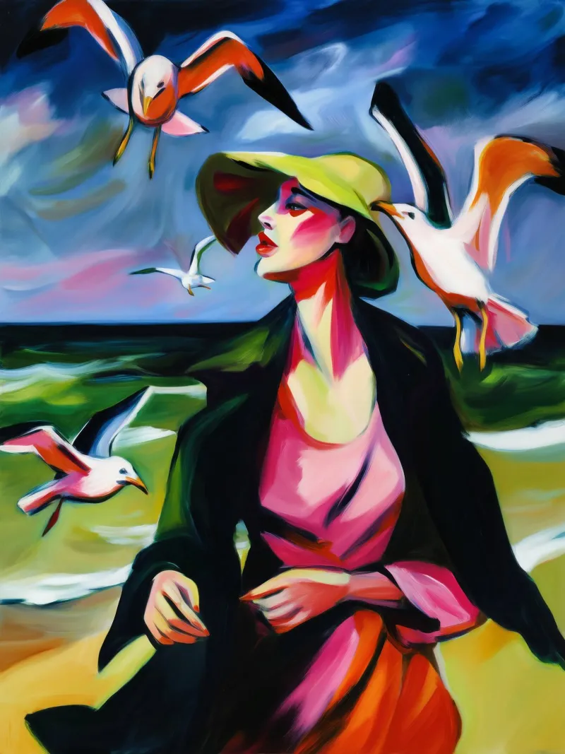 Donna con gabbiani sulla spiaggia | Pittura espressionista tela con Cornice a cassetta da Autofocus