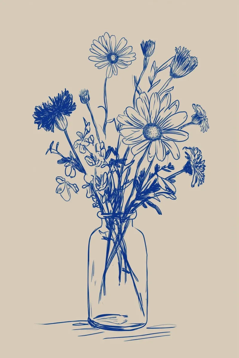 Bozzetto di bouquet di fiori selvatici blu in vaso pellicola backlit da Melloi Art Print