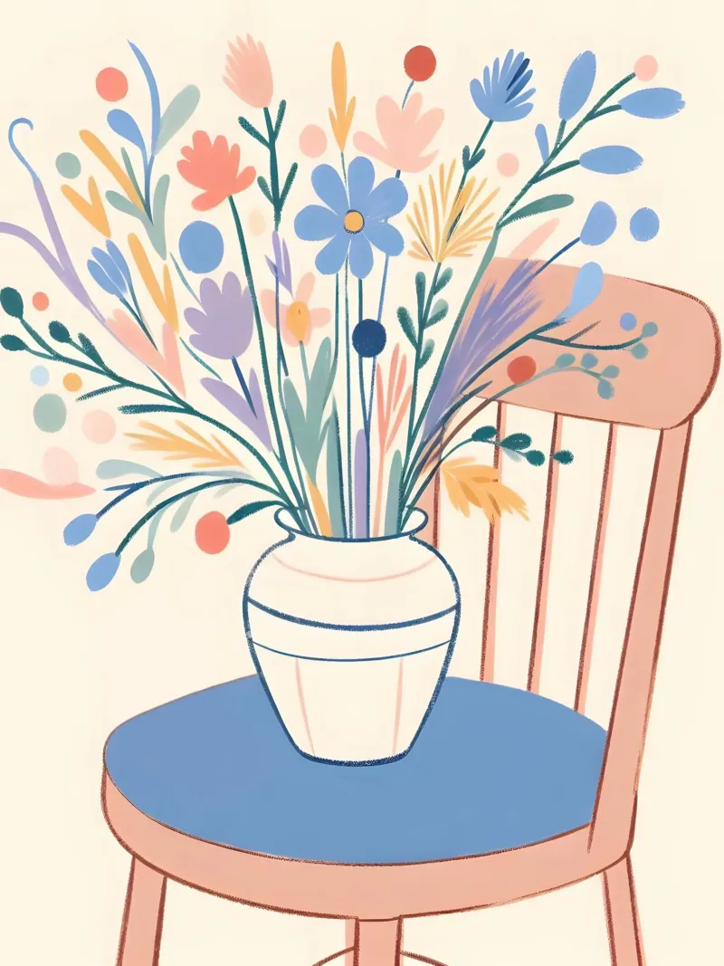 Fiori su una sedia Natura morta poster con telaio in alluminio da ARTOMATIC