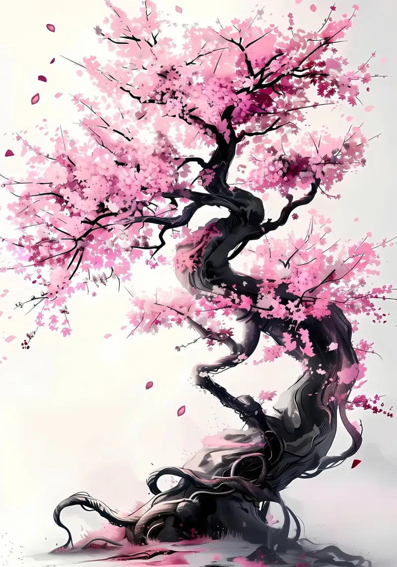 albero di ciliegio fiori rosa rami contorti petali pellicola backlit da Janine P McGuire