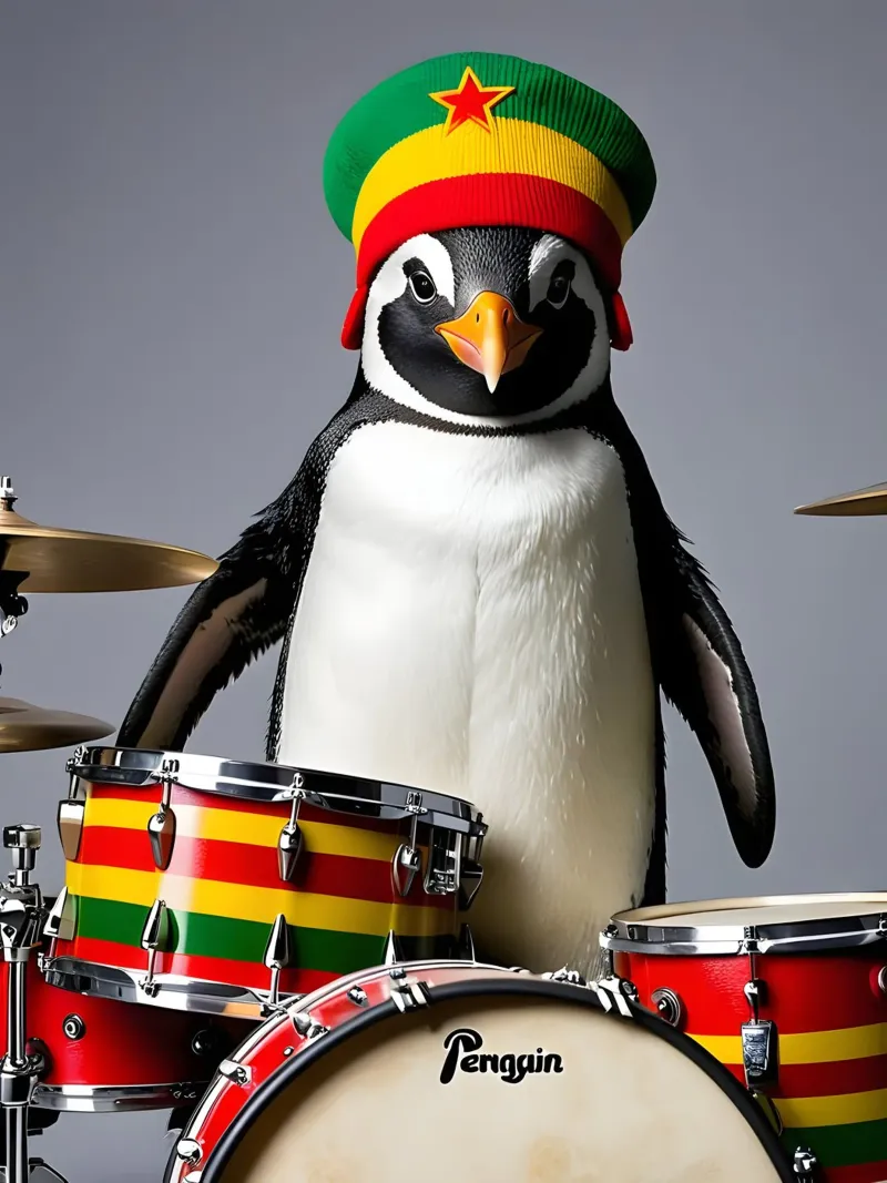 Pinguin mit Schlagzeug 1 alluminio dibond da kosinsart.gallery