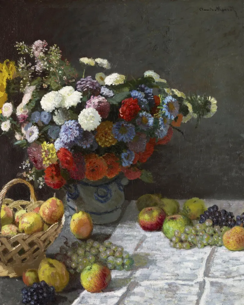 Natura morta con fiori e frutta (1869) di Claude Monet. pellicola backlit da Monet Art Prints