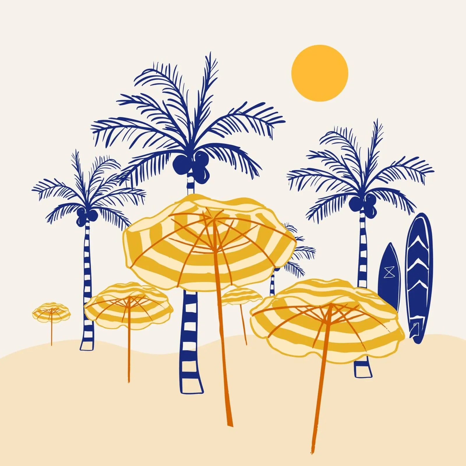 Retro Yellow Beach Vibes - Palmen, Sonnenschirme und Surfbretter Hahnemühle von EDMPROJECT