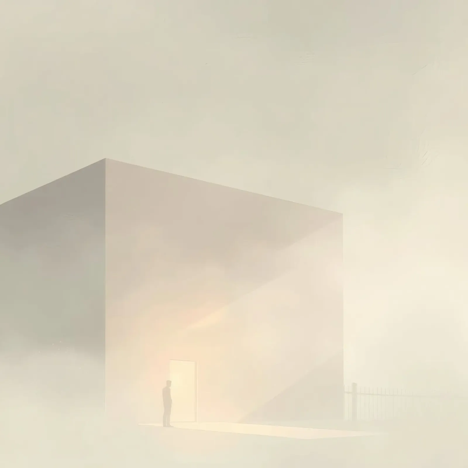 l'uomo si trova davanti a una porta luminosa in un paesaggio nebbioso pellicola backlit da DesignDoodle