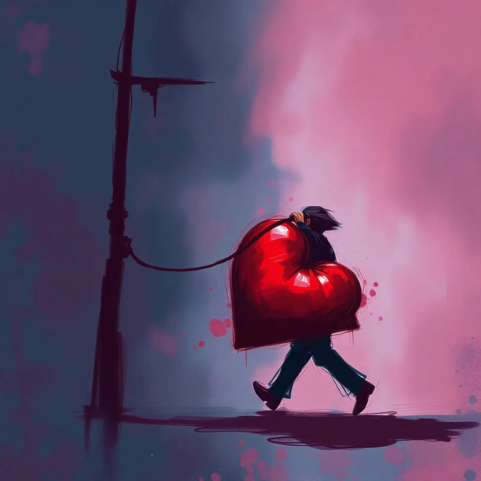 Un uomo porta con sé un cuore sovradimensionato mentre cammina da solo pellicola backlit da DesignDoodle