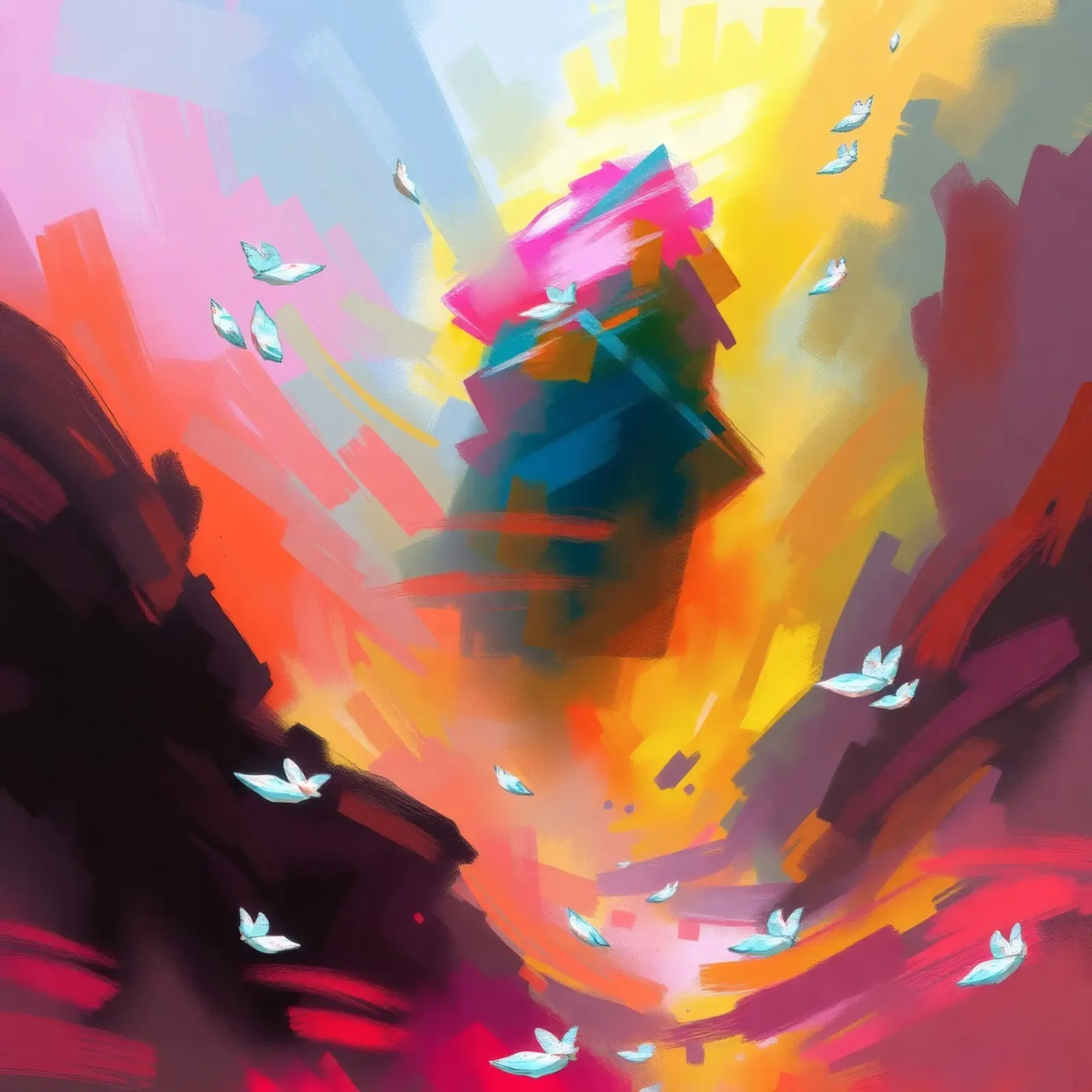 paesaggio astratto con uccelli in volo e struttura torreggiante pellicola backlit da DesignDoodle