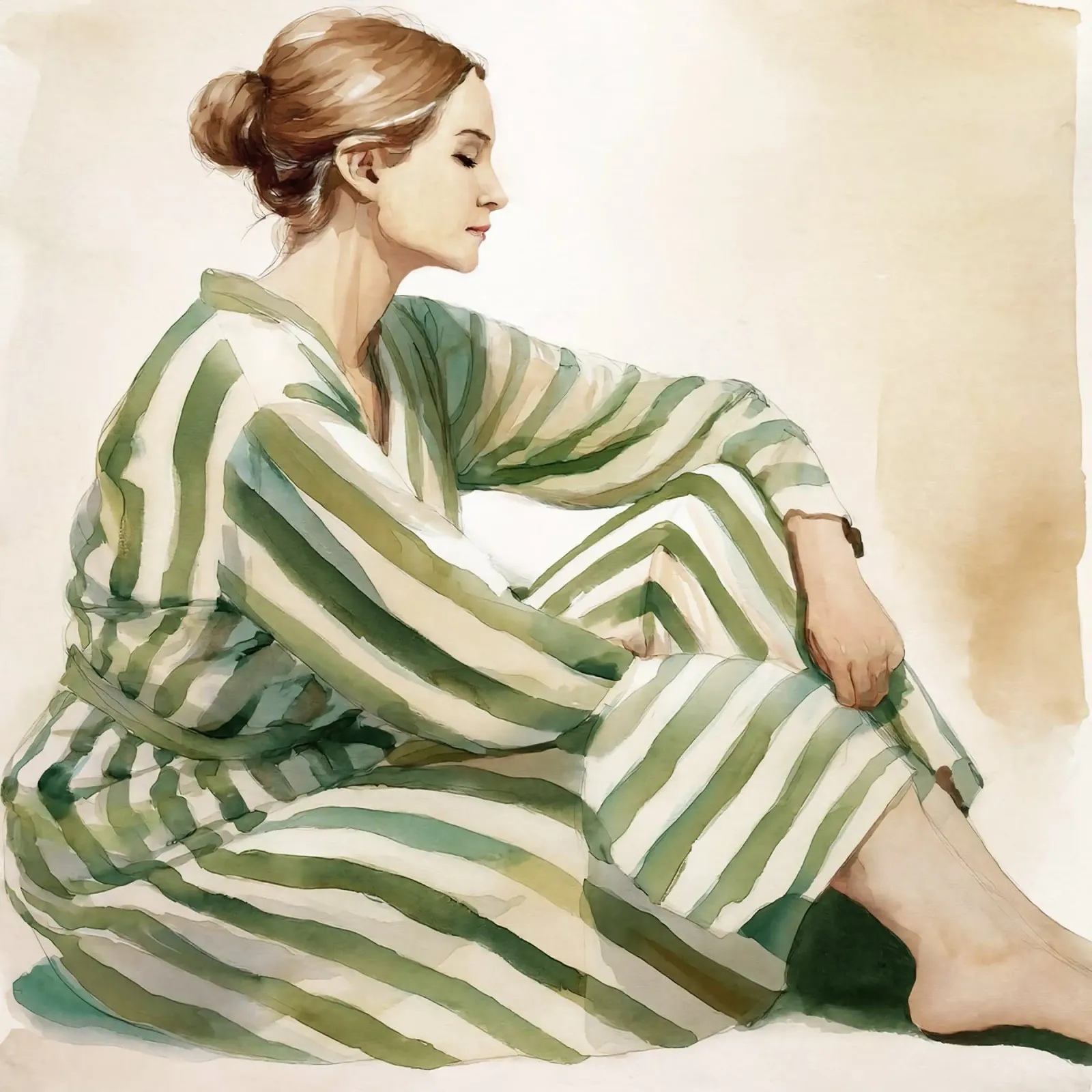 Portrait d'une femme assise, vêtue d'une robe verte à rayures hahnemühle de Take Your Art BV