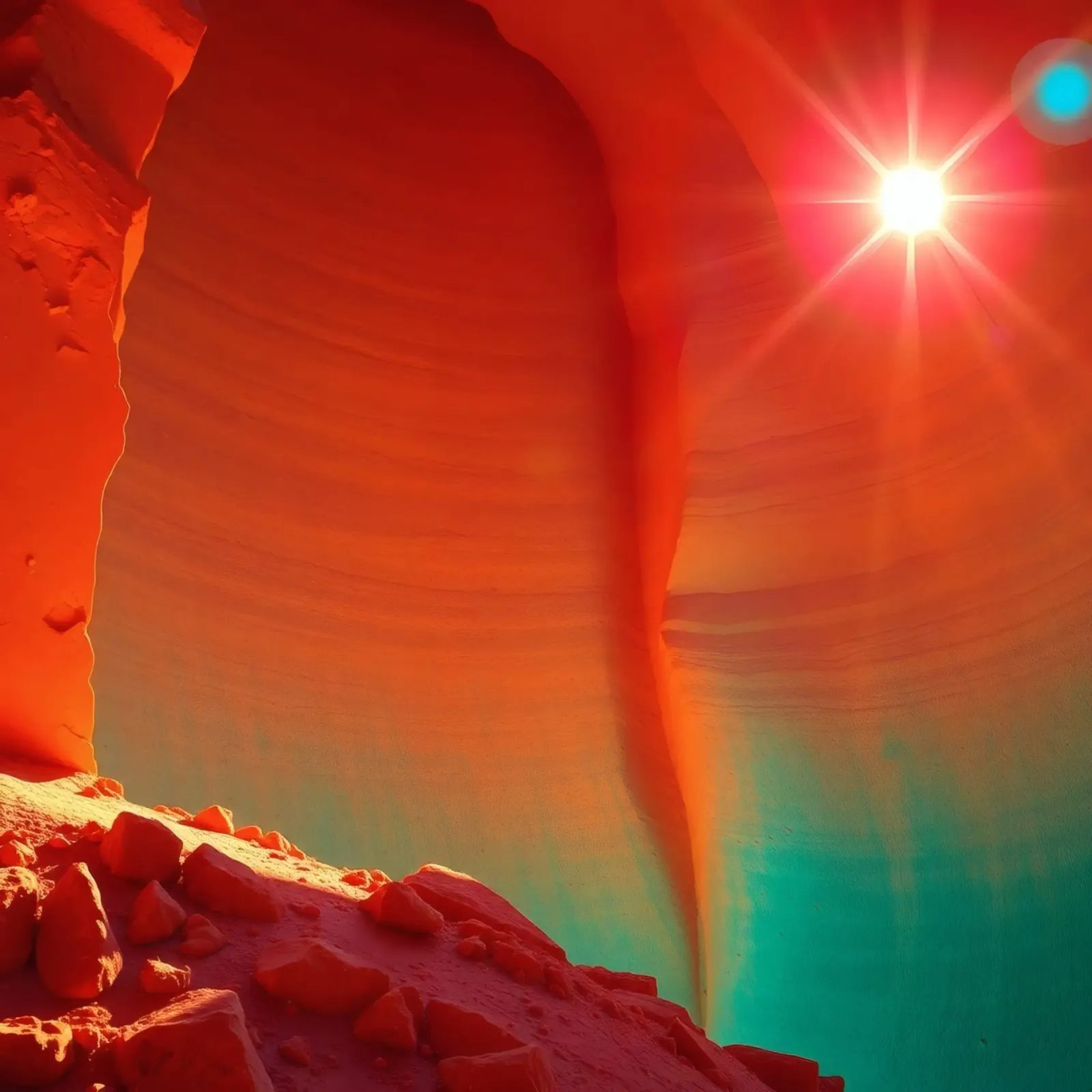 Solar flare illuminating orange cliffs in enchanting desert canvas with Floater frame by DesignDoodle