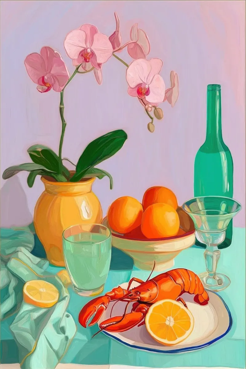 Natura morta con aragosta, orchidee e agrumi tela con Cornice a cassetta da Melloi Art Print