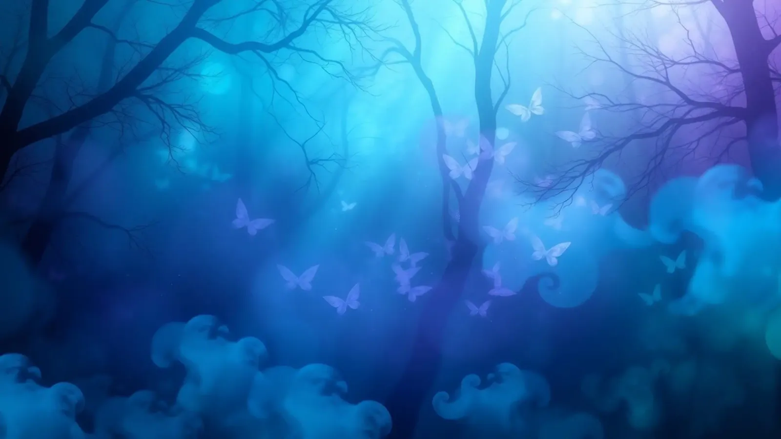forest scene with butterflies in shades of blue and purple hahnemühle by DesignDoodle