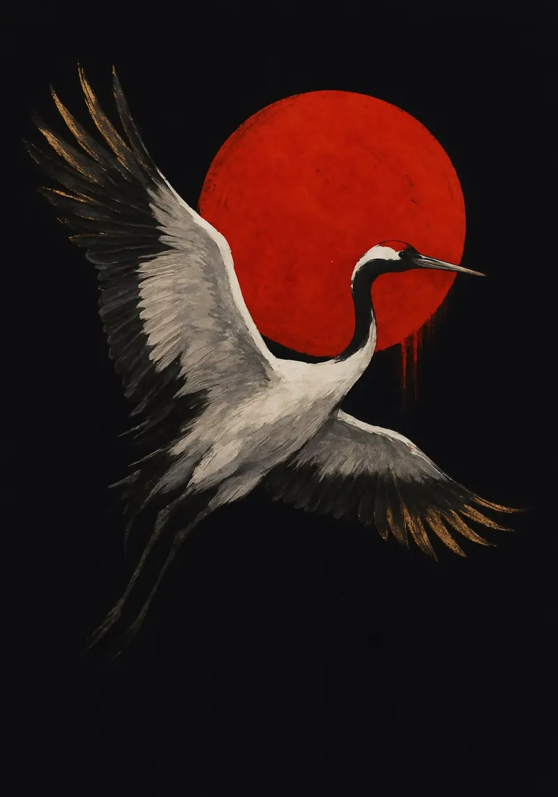Crimson Sun Crane poster con telaio in plastica da Mosaic Dialogue