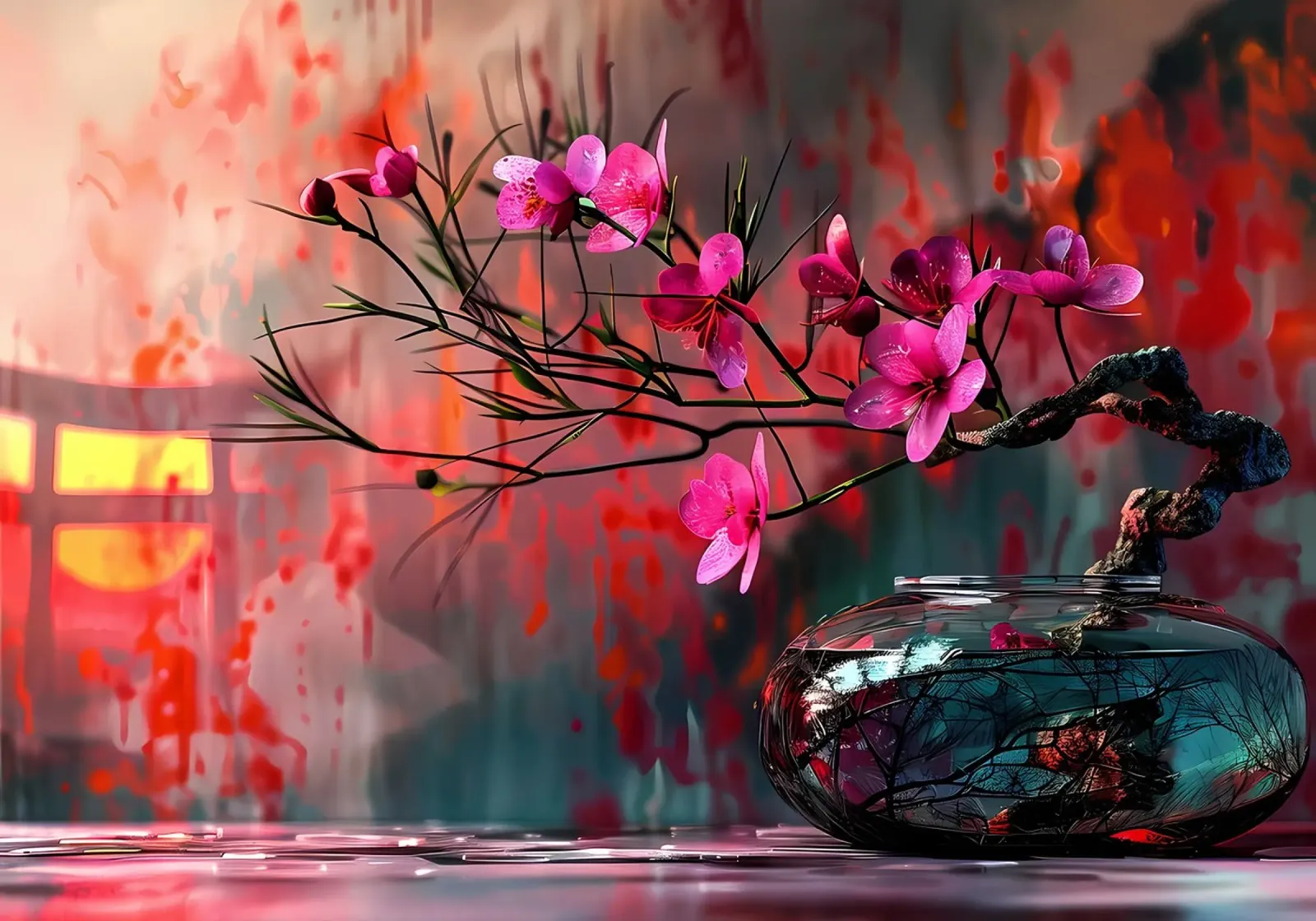 flores florero bonsai reflejo ramas hojas poster con marco de aluminio de Janine P McGuire