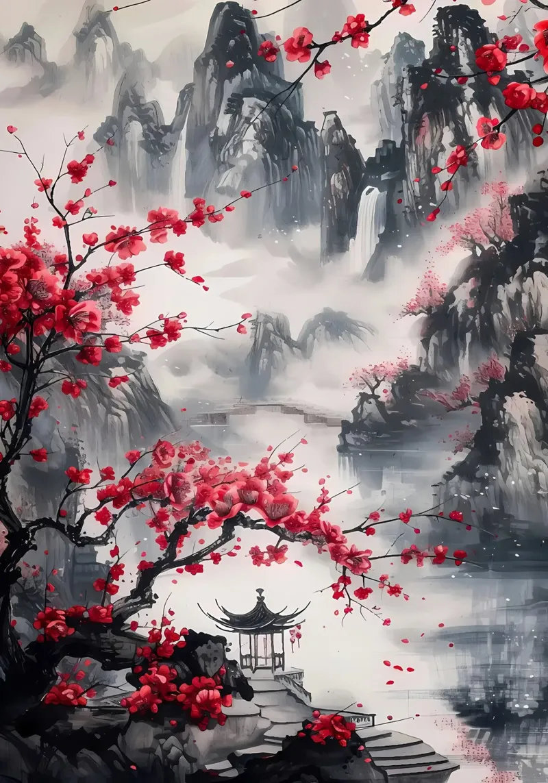 fiori di ciliegio montagne cascata pagoda lago pellicola backlit da Janine P McGuire