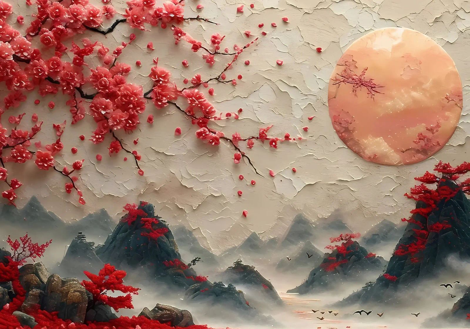 cerezos en flor montañas luna niebla nubes poster de Janine P McGuire