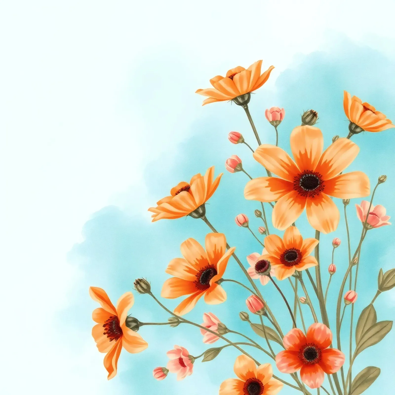 fiori arancioni sbocciano su un morbido sfondo blu poster da DesignDoodle