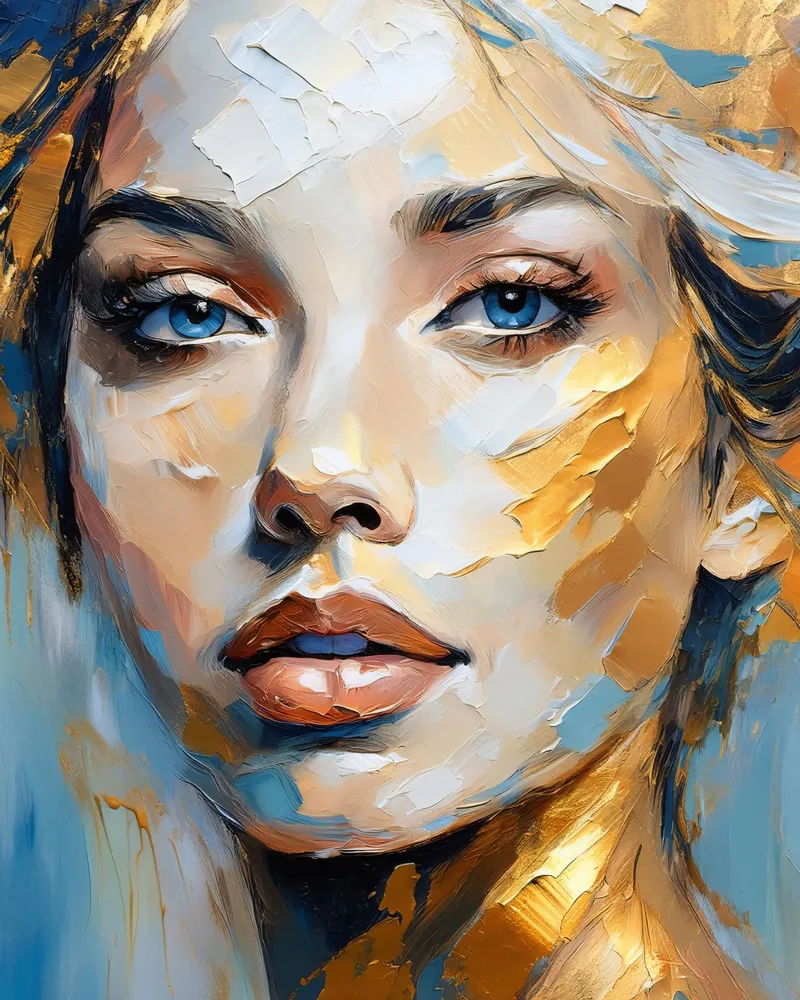 Ritratto Donna con texture spessa nei colori blu oro bianco pellicola backlit da Take Your Art BV