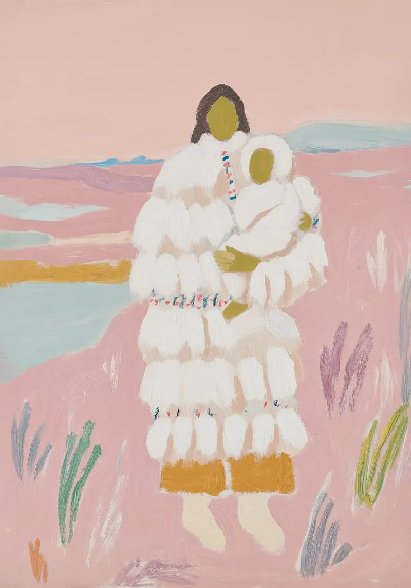 Pastel Folk Print, Abstracte Kunst, Vrouw en Baby Print canvas met Baklijst van Boheme