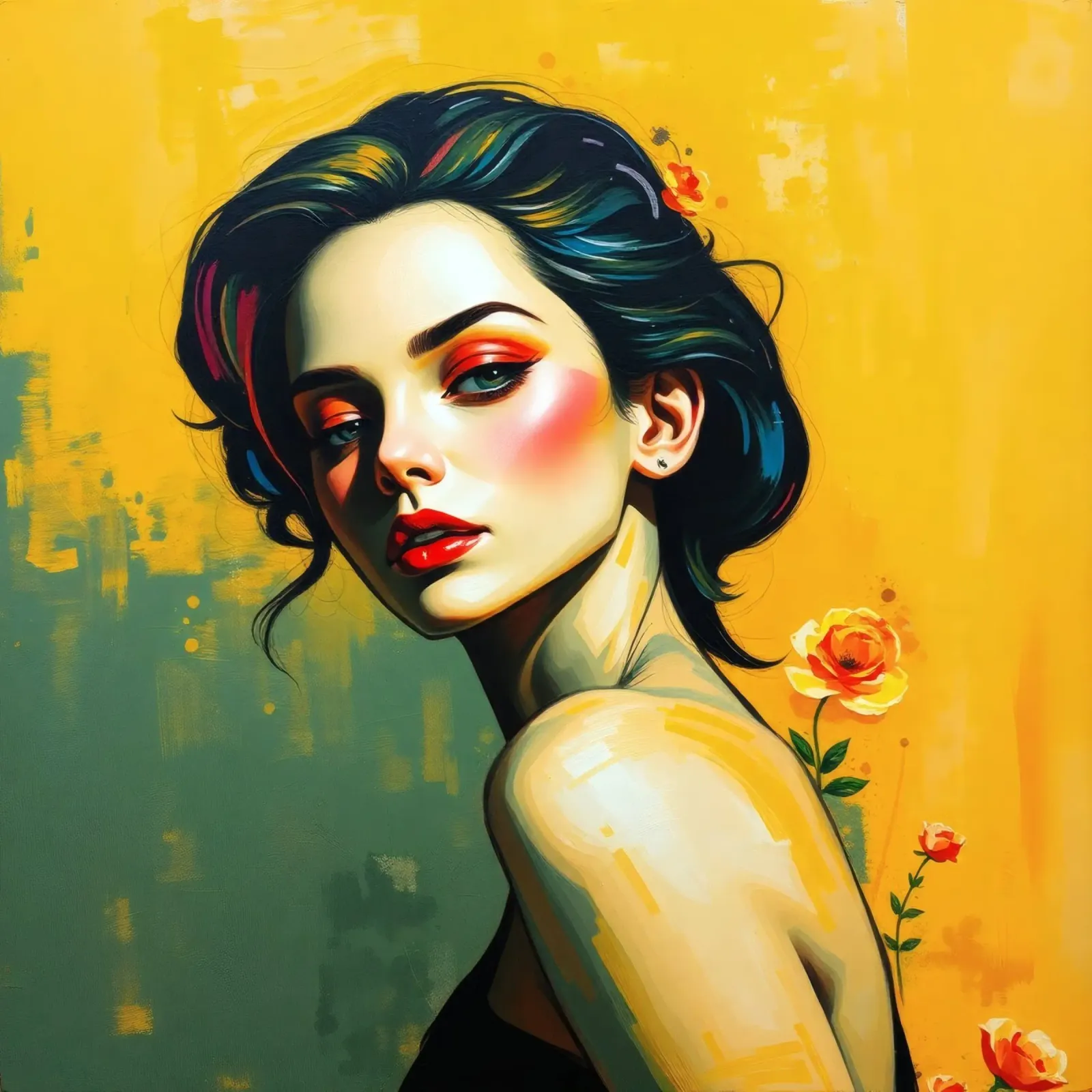 Porträt einer Frau mit Make-up vor einer gelben Blumenkunst Poster mit Kunststoffrahmen von DesignDoodle