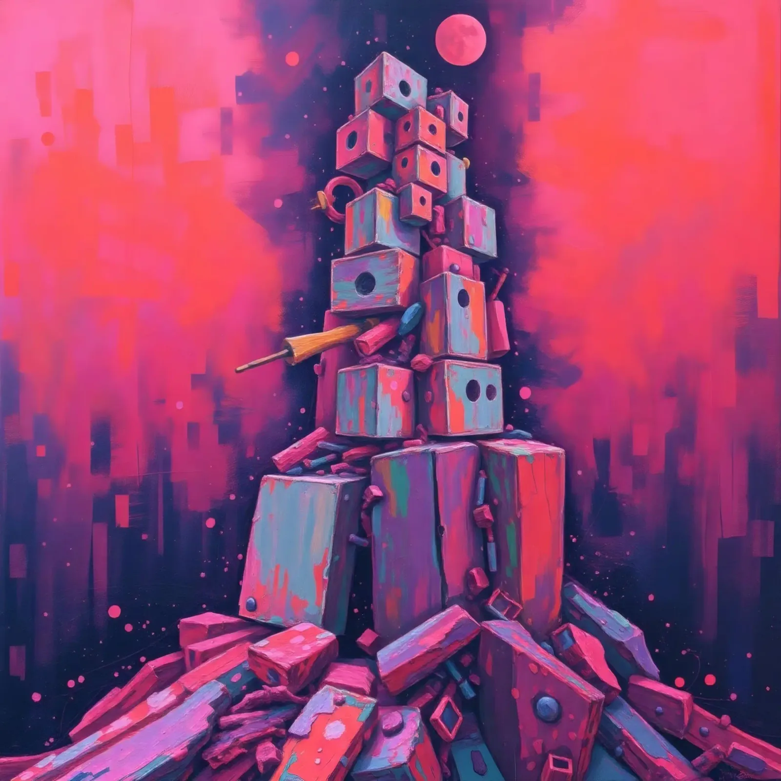 abstract tower of blocks pink art at night with a crescent canvas by DesignDoodle