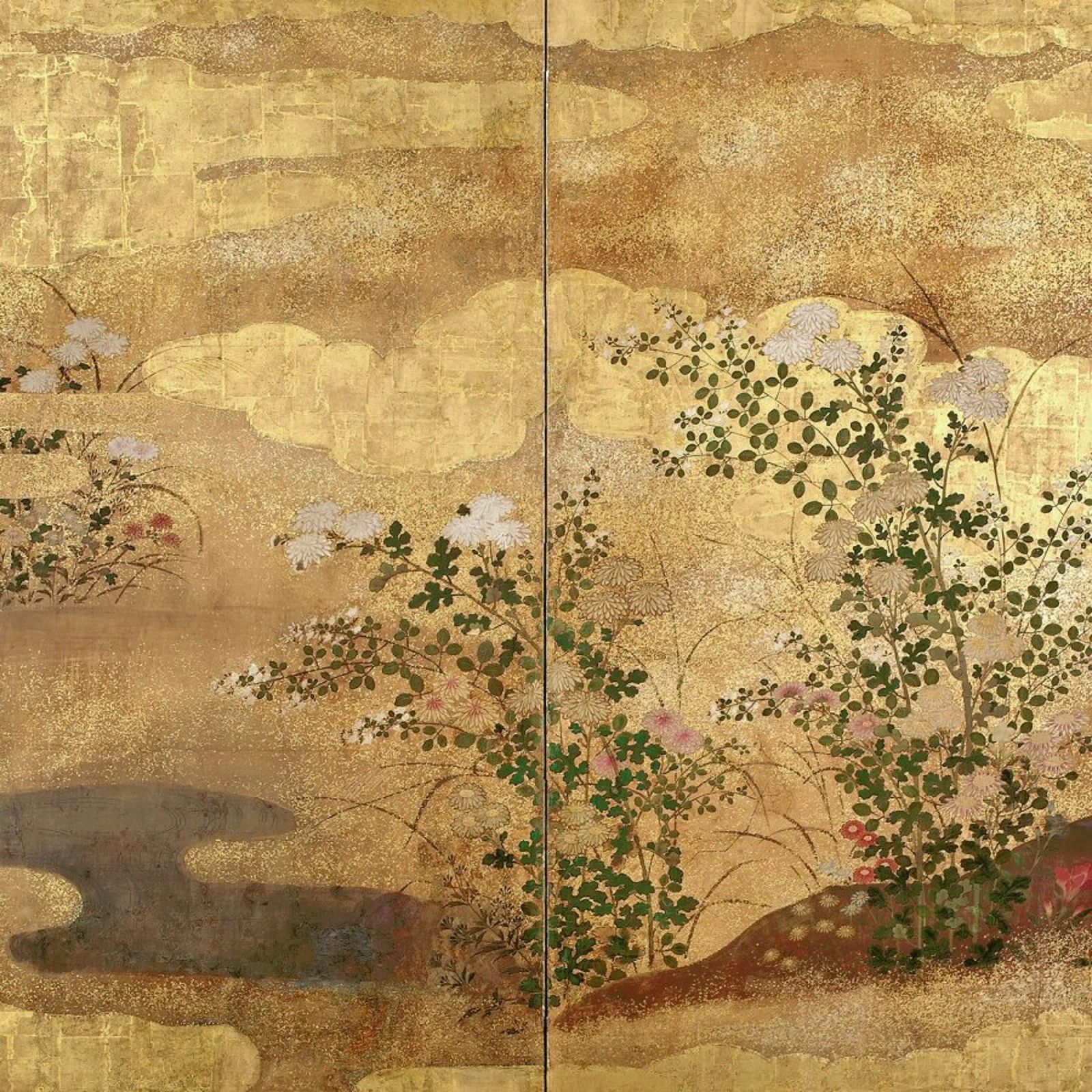 Autumn Flowers and Grasses Beside a Stream, Against Clouds. Poster von ARTOTHEK