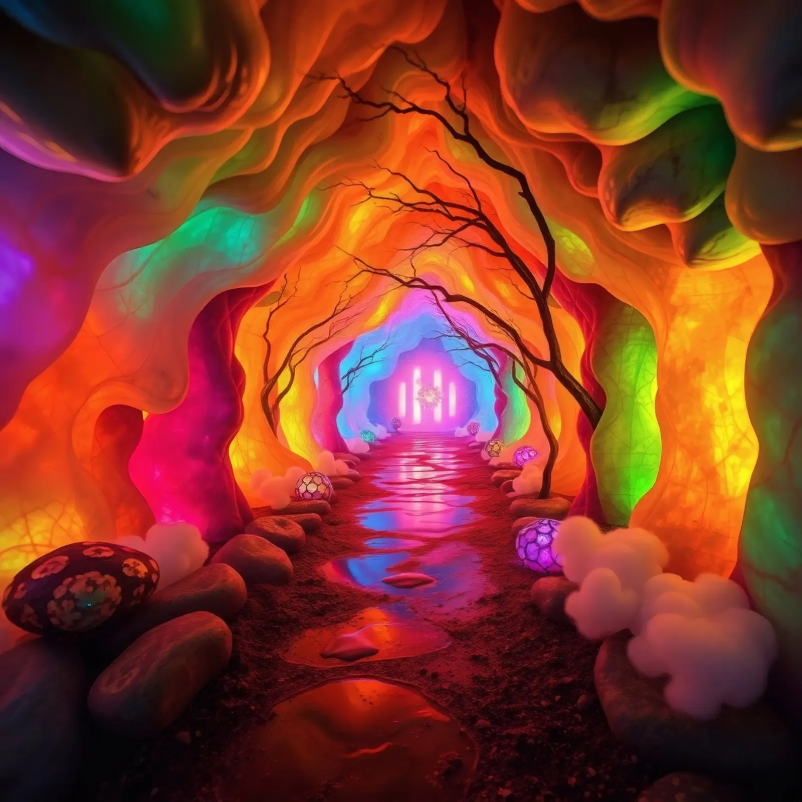 percorso illuminato in una grotta colorata con piante e piante luminose. pellicola backlit da DesignDoodle