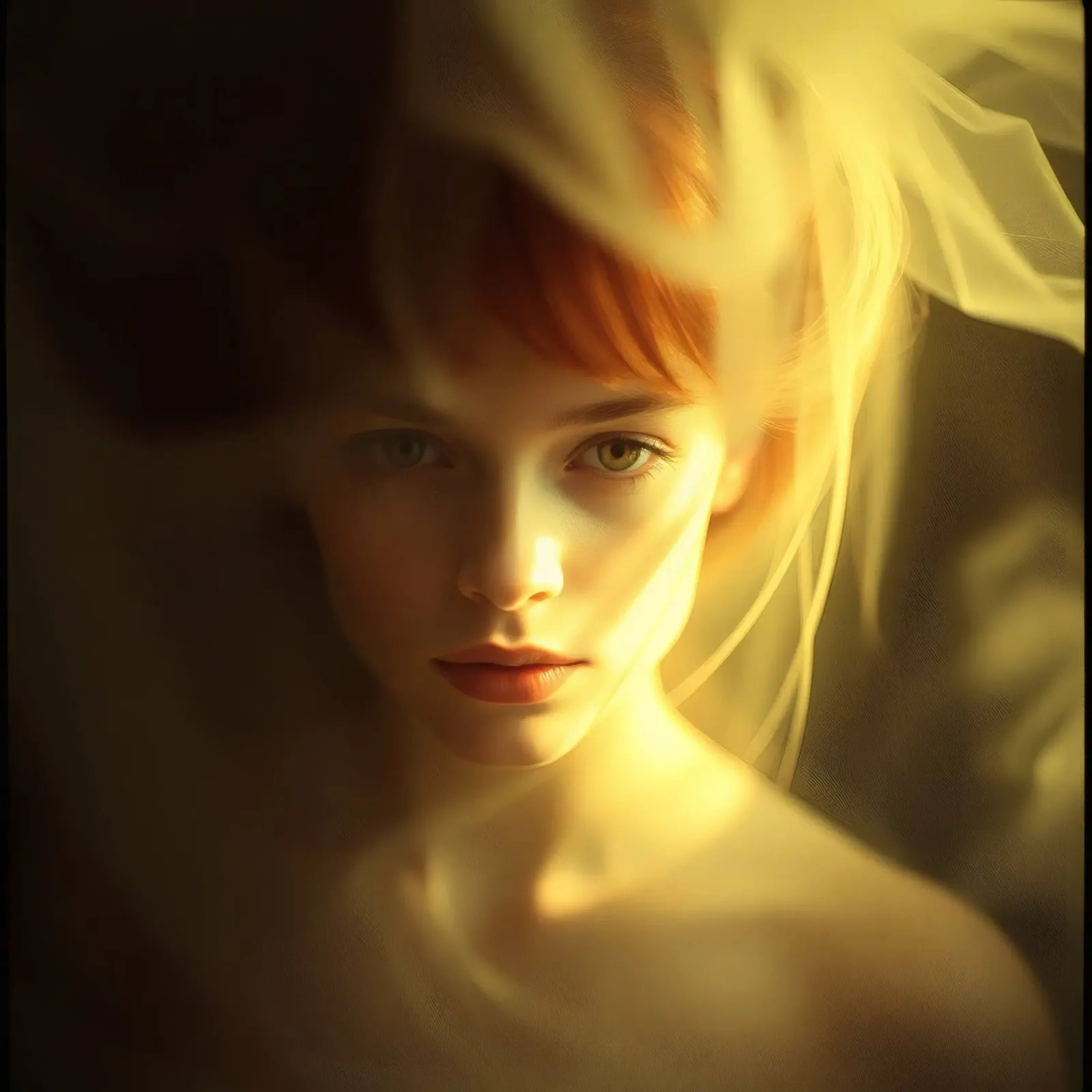 Ritratto di giovane donna con capelli delicati e luci soffuse carta hahnemühle da DesignDoodle