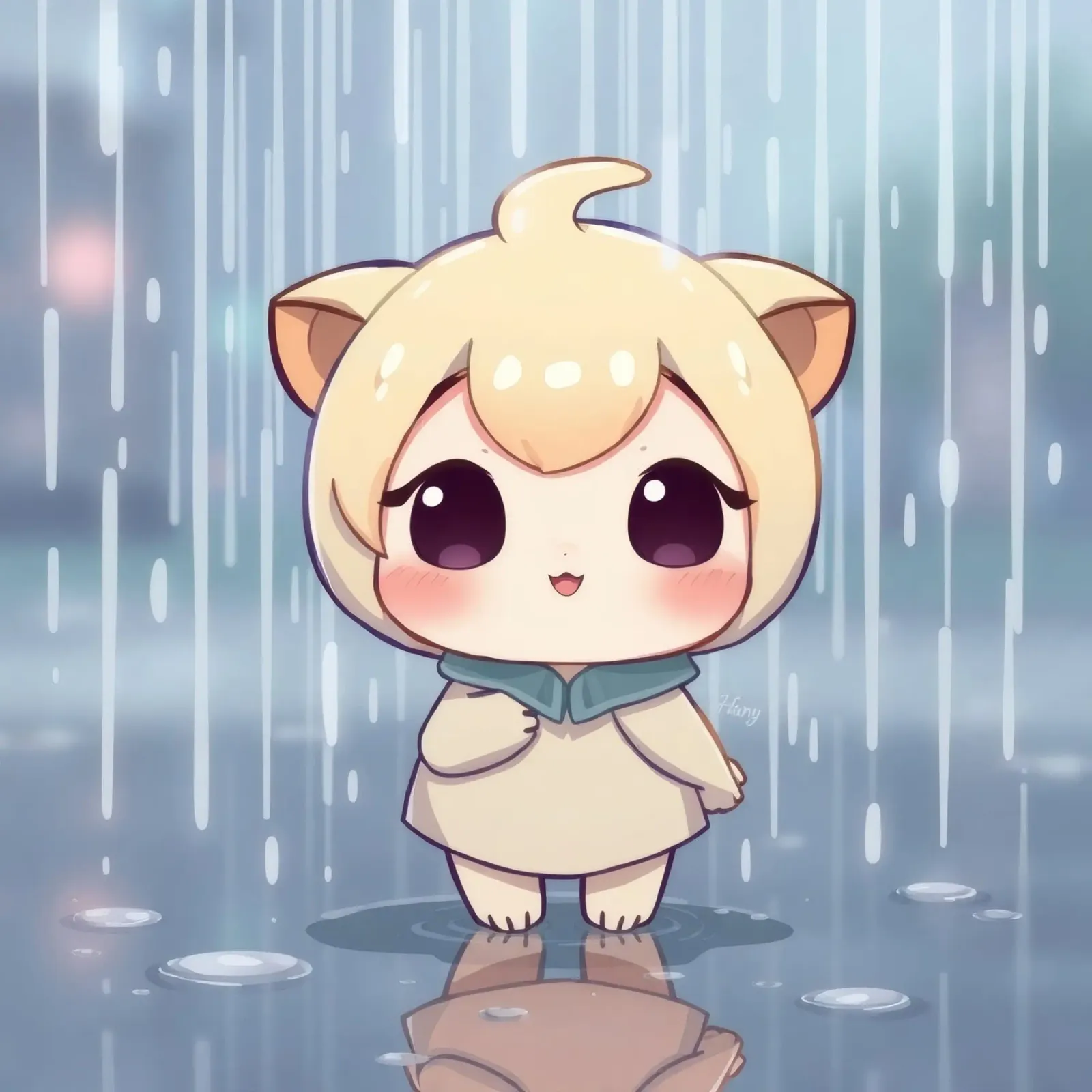 Cute cartoon character standing in the rain with joyful face canvas by DesignDoodle
